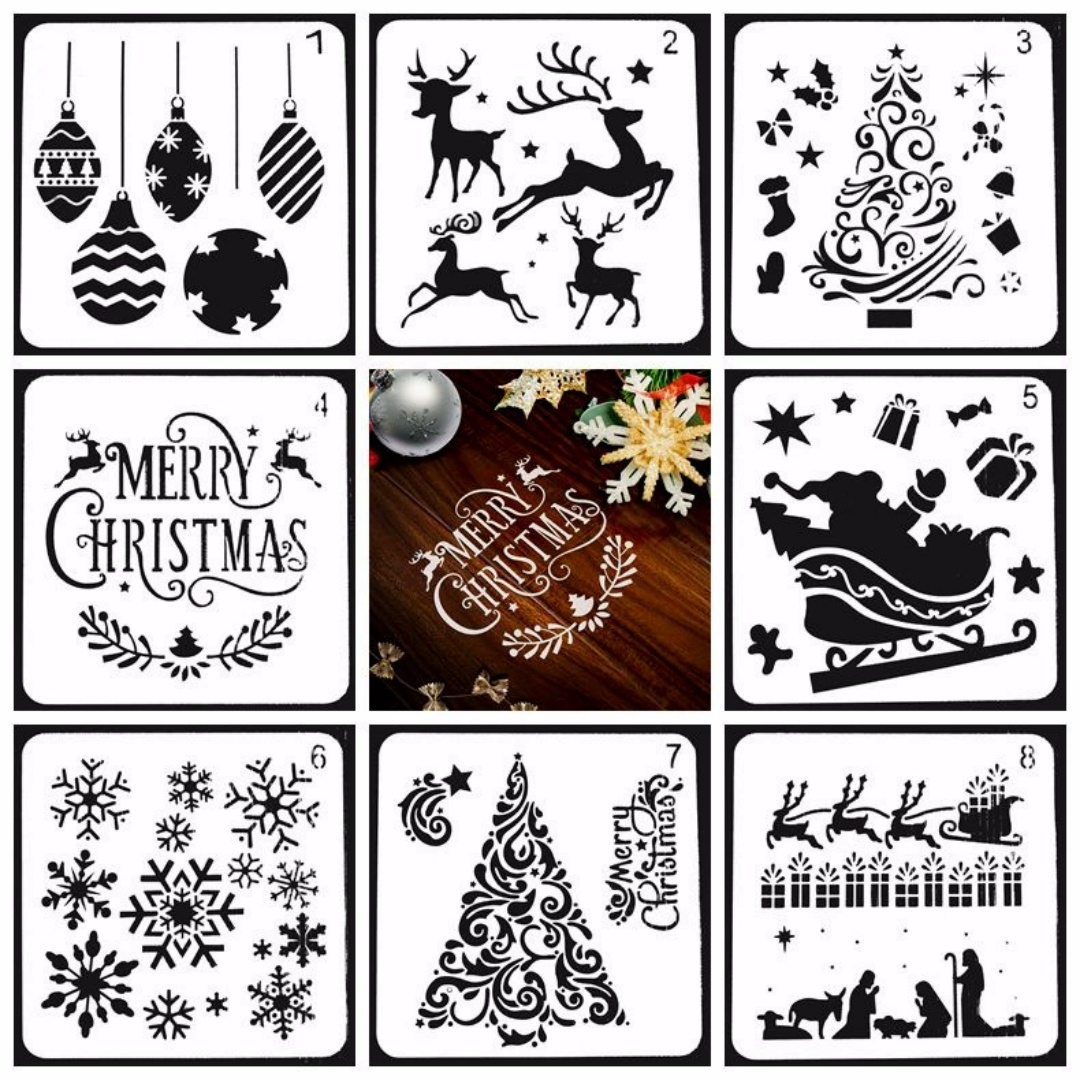 Art And Craft Xmas Tree - 8/12/16pcs 크리스마스 페인팅 템플릿 스텐실 크리스마스