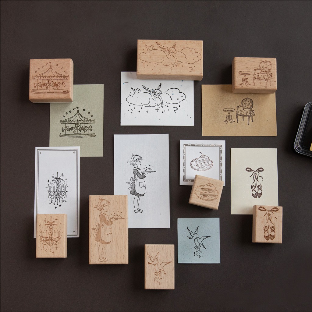 Art Craft Notebook - 빈티지 우드 카툰 패턴 고무 스탬프